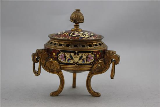 A late 19th / early 20th century French champleve and ormolu vase and cover, 4.5in.